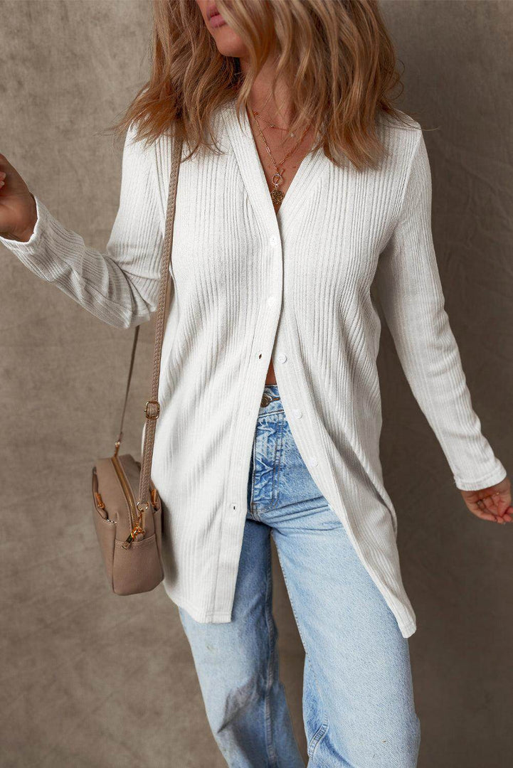 White Solid Color Ribbed Button up Tunic Cardigan - Fashion Queen -  4