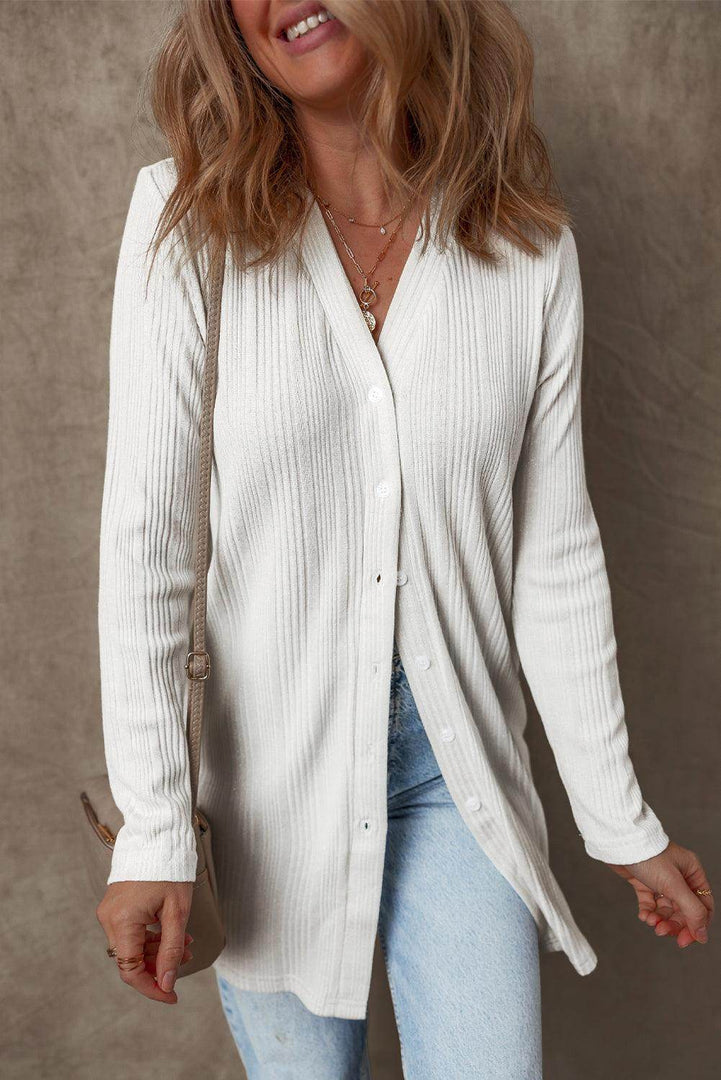 White Solid Color Ribbed Button up Tunic Cardigan - Fashion Queen -  5