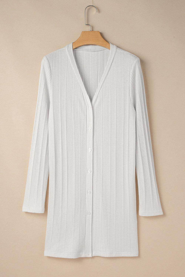 White Solid Color Ribbed Button up Tunic Cardigan - Fashion Queen -  8