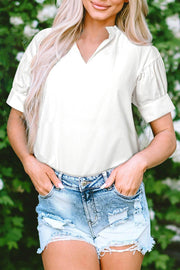 White Solid Color Ruched Bubble Sleeve V Neck Blouse - Fashion Queen -  1