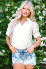 Load image into Gallery viewer, White Solid Color Ruched Bubble Sleeve V Neck Blouse - Fashion Queen -  2
