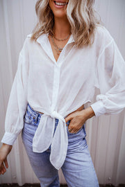White Solid Knotted Front Loose Fit Sheer Shirt - Fashion Queen -  1