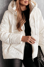 White Solid Quilted Hooded Zip Up Puffer Coat - Fashion Queen -  1