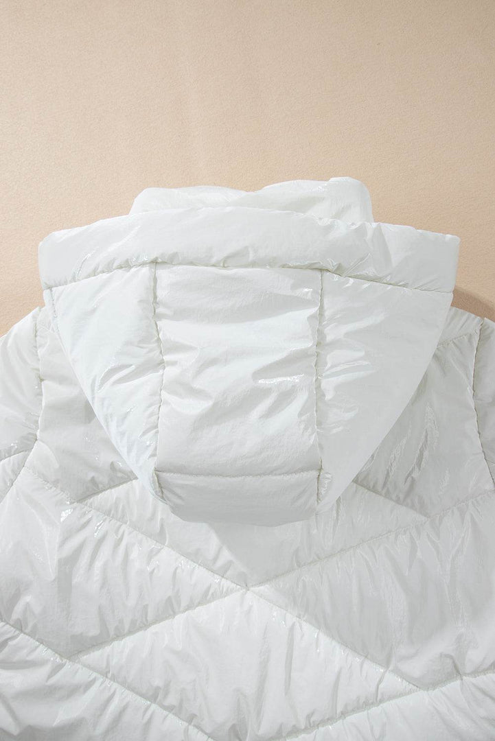 White Solid Quilted Hooded Zip Up Puffer Coat - Fashion Queen -  13