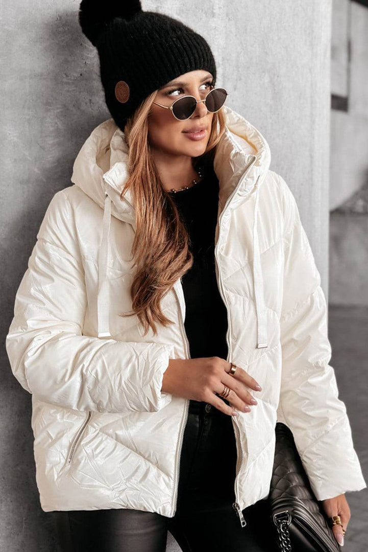 White Solid Quilted Hooded Zip Up Puffer Coat - Fashion Queen -  5