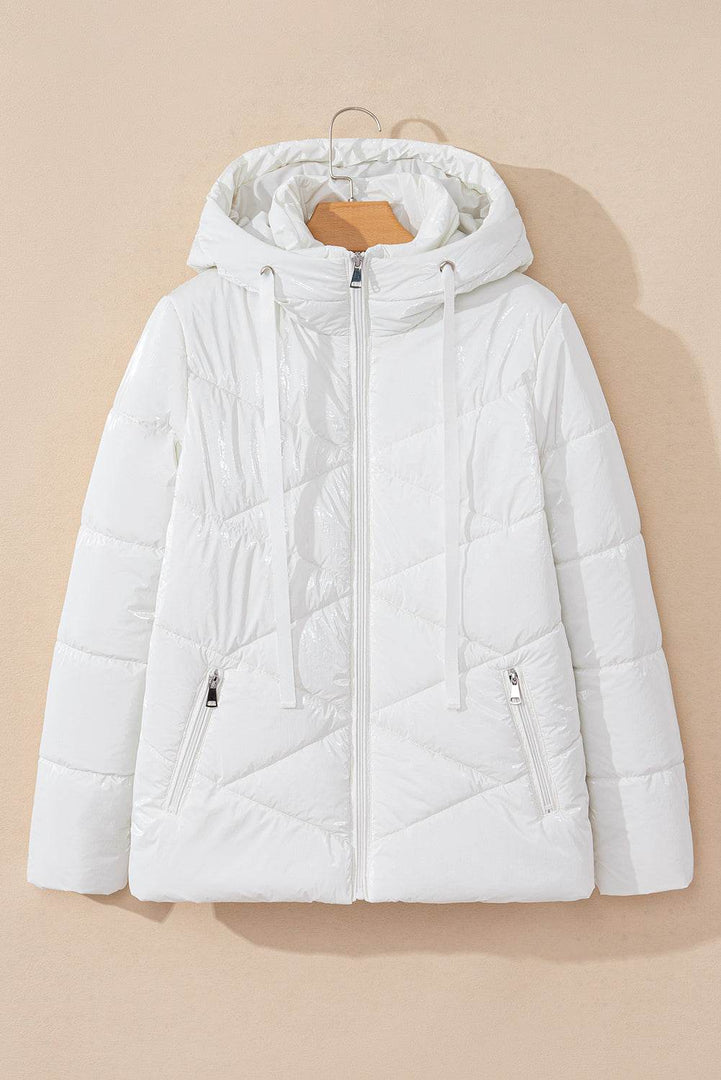 White Solid Quilted Hooded Zip Up Puffer Coat - Fashion Queen -  6