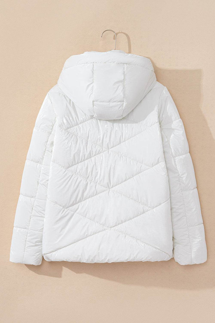 White Solid Quilted Hooded Zip Up Puffer Coat - Fashion Queen -  7