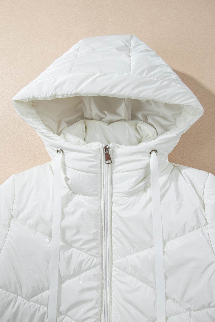 White Solid Quilted Hooded Zip Up Puffer Coat - Fashion Queen -  8