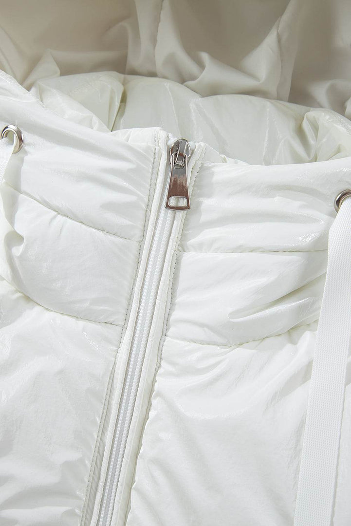 White Solid Quilted Hooded Zip Up Puffer Coat - Fashion Queen -  9