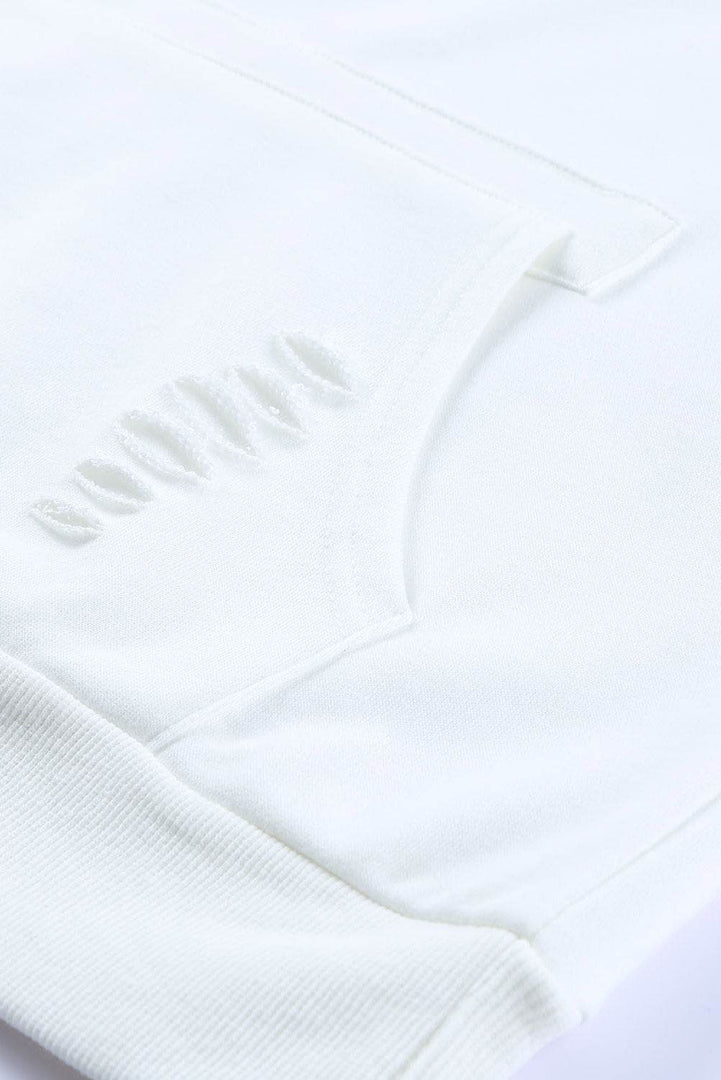 White Solid Ripped Hooded Sweatshirt with Kangaroo Pocket - Fashion Queen -  14