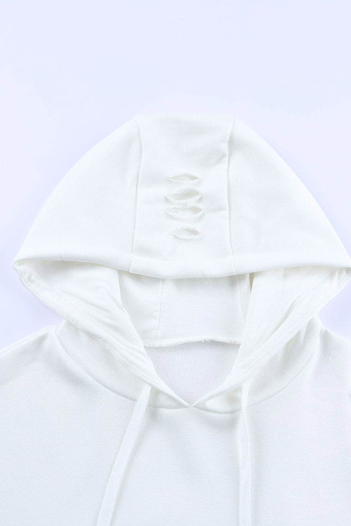 White Solid Ripped Hooded Sweatshirt with Kangaroo Pocket - Fashion Queen -  15