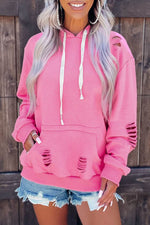 Load image into Gallery viewer, White Solid Ripped Hooded Sweatshirt with Kangaroo Pocket - Fashion Queen -  19
