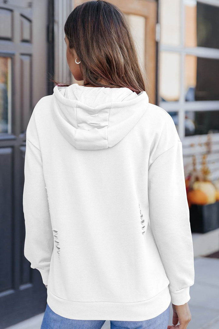 White Solid Ripped Hooded Sweatshirt with Kangaroo Pocket - Fashion Queen -  2
