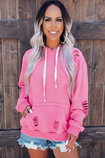 Load image into Gallery viewer, White Solid Ripped Hooded Sweatshirt with Kangaroo Pocket - Fashion Queen -  21
