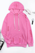 Load image into Gallery viewer, White Solid Ripped Hooded Sweatshirt with Kangaroo Pocket - Fashion Queen -  22
