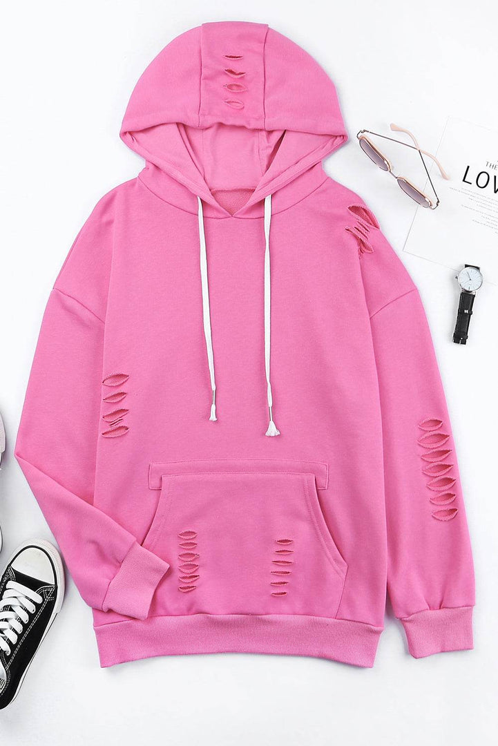 White Solid Ripped Hooded Sweatshirt with Kangaroo Pocket - Fashion Queen -  22