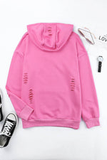 Load image into Gallery viewer, White Solid Ripped Hooded Sweatshirt with Kangaroo Pocket - Fashion Queen -  23
