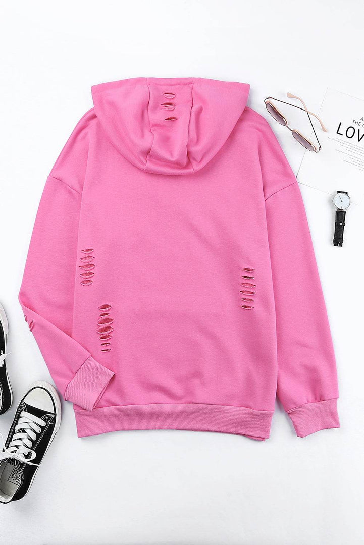 White Solid Ripped Hooded Sweatshirt with Kangaroo Pocket - Fashion Queen -  23