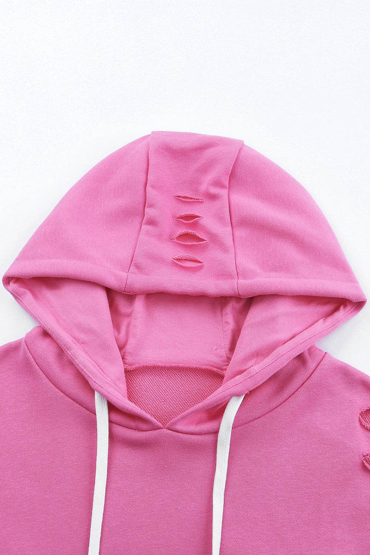 White Solid Ripped Hooded Sweatshirt with Kangaroo Pocket - Fashion Queen -  24