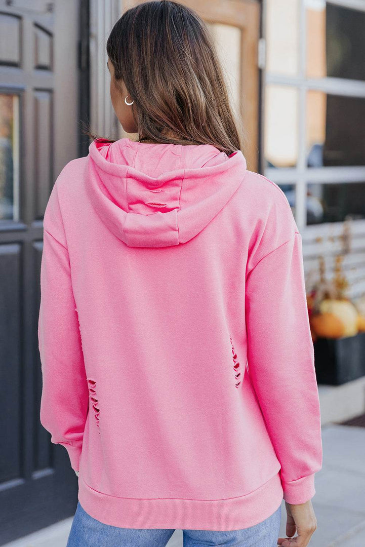White Solid Ripped Hooded Sweatshirt with Kangaroo Pocket - Fashion Queen -  5