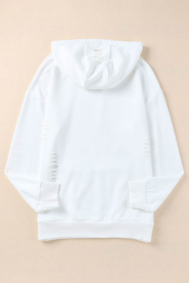 White Solid Ripped Hooded Sweatshirt with Kangaroo Pocket - Fashion Queen -  8