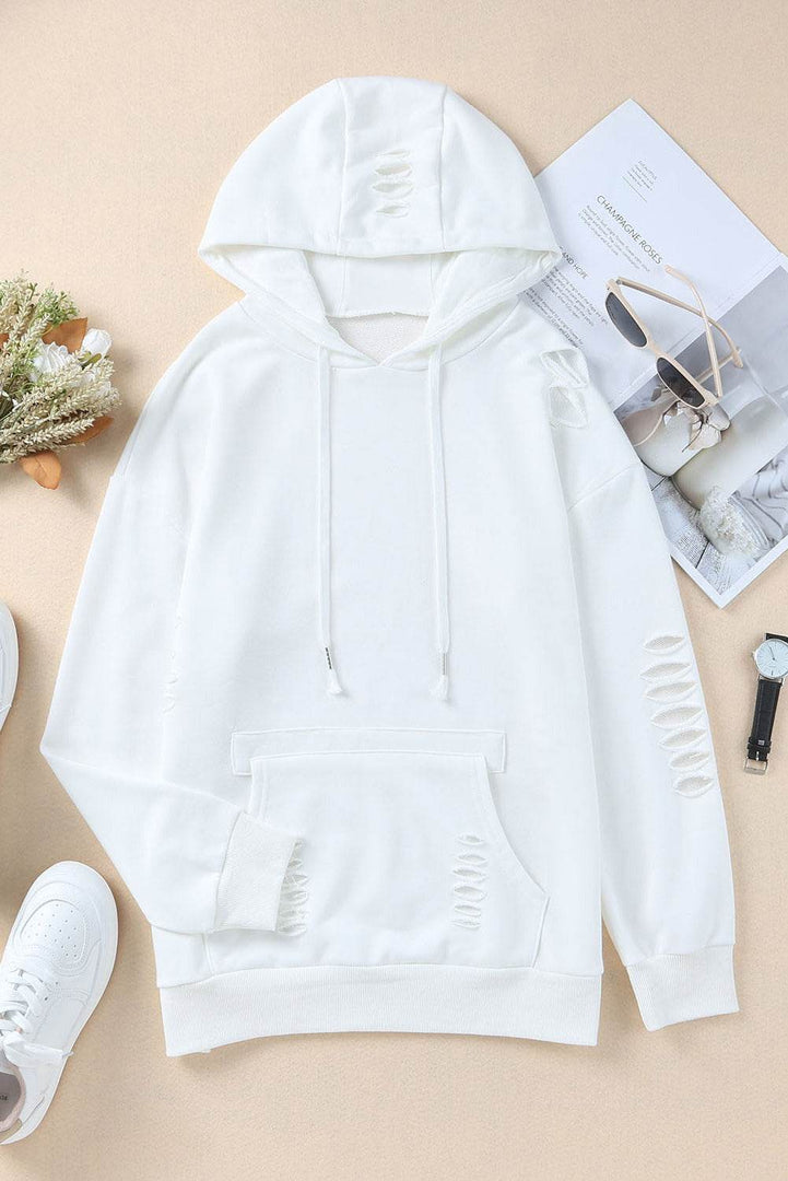 White Solid Ripped Hooded Sweatshirt with Kangaroo Pocket - Fashion Queen -  9