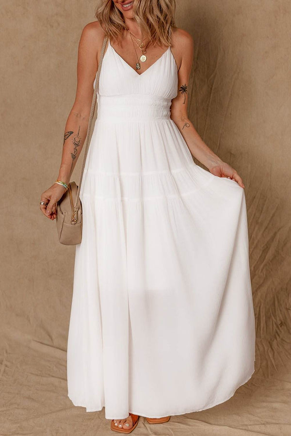 White Spaghetti Straps High Waist Elegant Long Dress - Fashion Queen -  1