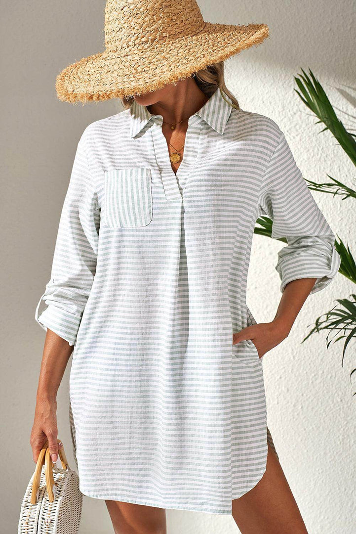 White Stripe Collared V Neck Chest Pocket Long Sleeve Beach Cover up - Fashion Queen -  1