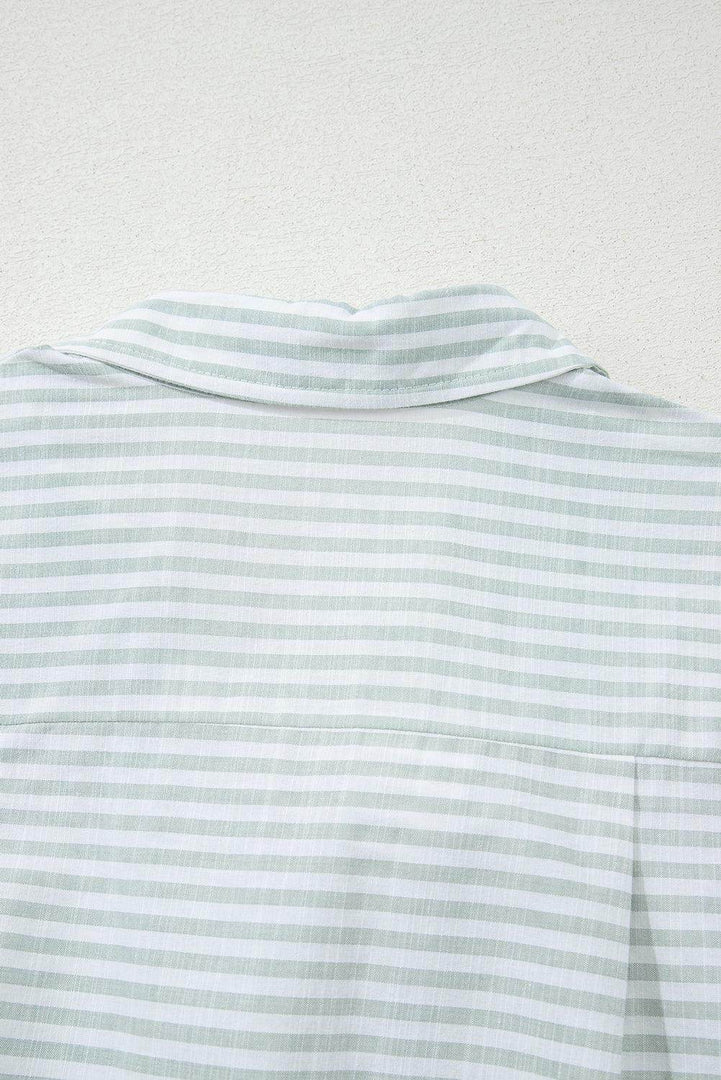 White Stripe Collared V Neck Chest Pocket Long Sleeve Beach Cover up - Fashion Queen -  11