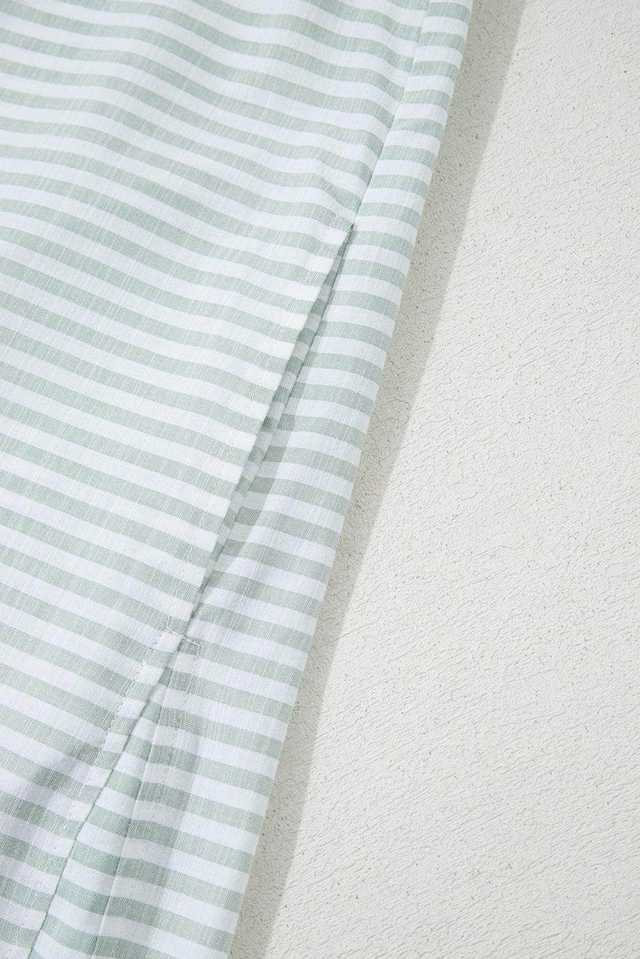 White Stripe Collared V Neck Chest Pocket Long Sleeve Beach Cover up - Fashion Queen -  12