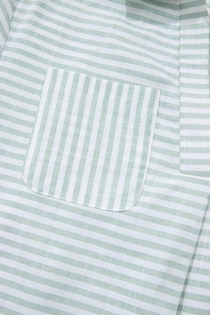 White Stripe Collared V Neck Chest Pocket Long Sleeve Beach Cover up - Fashion Queen -  15