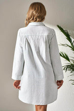 Load image into Gallery viewer, White Stripe Collared V Neck Chest Pocket Long Sleeve Beach Cover up - Fashion Queen -  2
