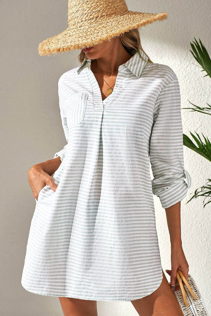 White Stripe Collared V Neck Chest Pocket Long Sleeve Beach Cover up - Fashion Queen -  3