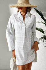 Load image into Gallery viewer, White Stripe Collared V Neck Chest Pocket Long Sleeve Beach Cover up - Fashion Queen -  4
