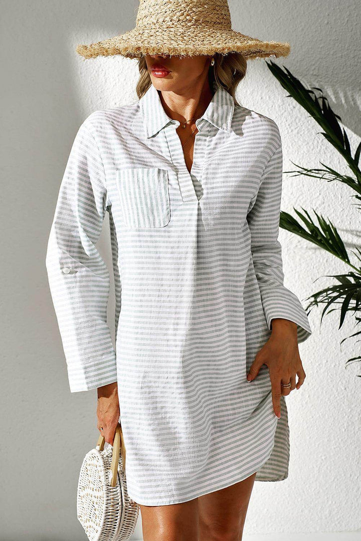 White Stripe Collared V Neck Chest Pocket Long Sleeve Beach Cover up - Fashion Queen -  4