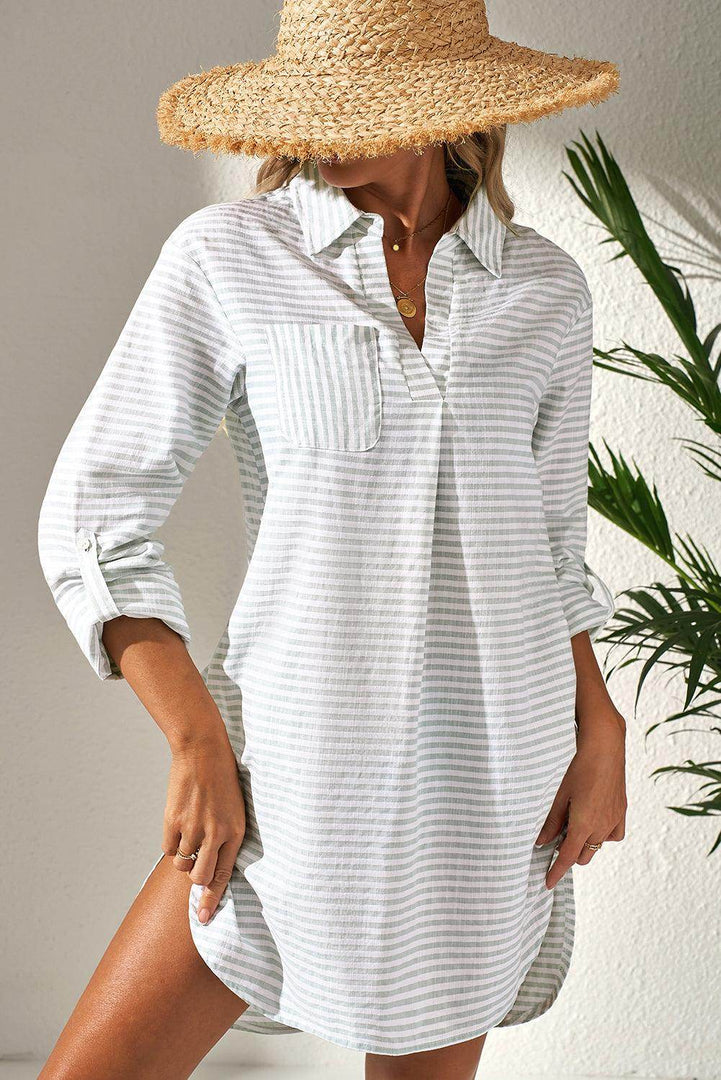 White Stripe Collared V Neck Chest Pocket Long Sleeve Beach Cover up - Fashion Queen -  6