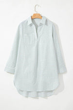 Load image into Gallery viewer, White Stripe Collared V Neck Chest Pocket Long Sleeve Beach Cover up - Fashion Queen -  7
