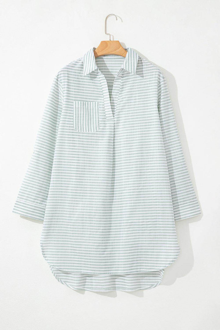 White Stripe Collared V Neck Chest Pocket Long Sleeve Beach Cover up - Fashion Queen -  7