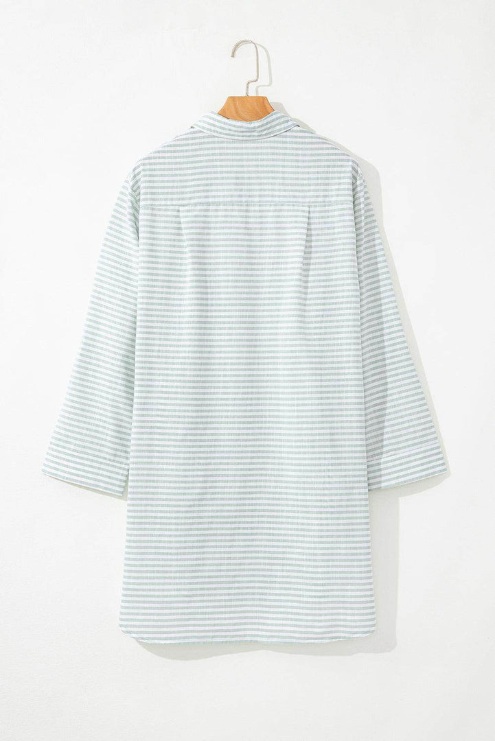 White Stripe Collared V Neck Chest Pocket Long Sleeve Beach Cover up - Fashion Queen -  8