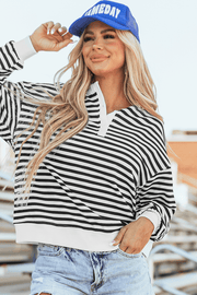 White Stripe Color Block Buttoned Crew Neck Oversized Sweatshirt - Fashion Queen -  1