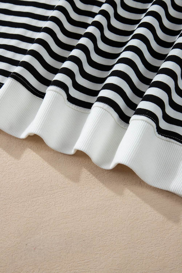 White Stripe Color Block Buttoned Crew Neck Oversized Sweatshirt - Fashion Queen -  12
