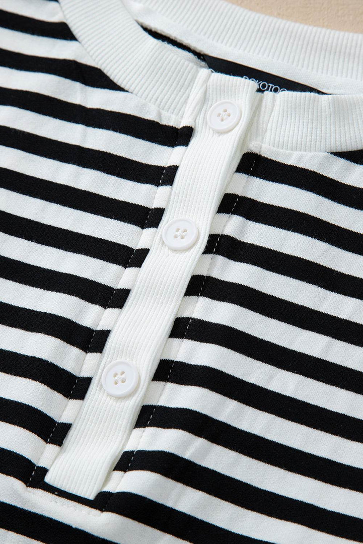 White Stripe Color Block Buttoned Crew Neck Oversized Sweatshirt - Fashion Queen -  13