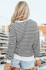 Load image into Gallery viewer, White Stripe Color Block Buttoned Crew Neck Oversized Sweatshirt - Fashion Queen -  2
