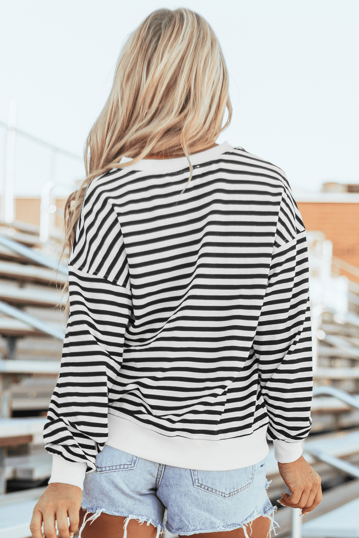 White Stripe Color Block Buttoned Crew Neck Oversized Sweatshirt - Fashion Queen -  2