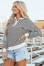 Load image into Gallery viewer, White Stripe Color Block Buttoned Crew Neck Oversized Sweatshirt - Fashion Queen -  3
