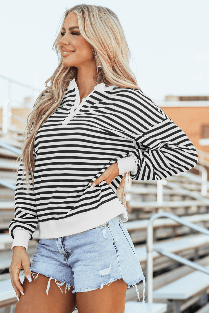 White Stripe Color Block Buttoned Crew Neck Oversized Sweatshirt - Fashion Queen -  3