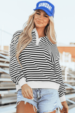 Load image into Gallery viewer, White Stripe Color Block Buttoned Crew Neck Oversized Sweatshirt - Fashion Queen -  4
