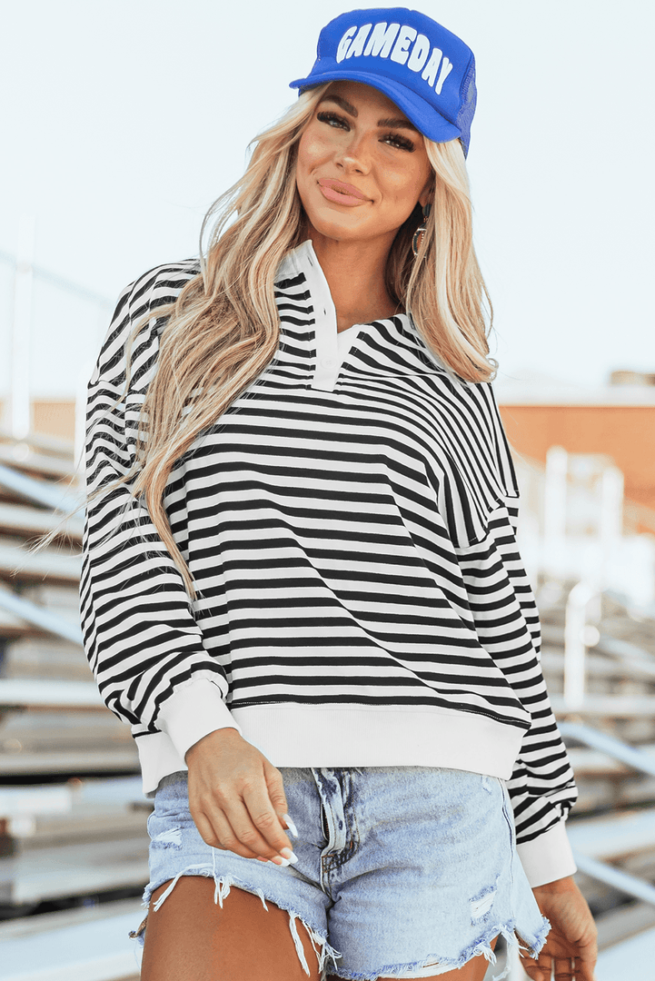 White Stripe Color Block Buttoned Crew Neck Oversized Sweatshirt - Fashion Queen -  4