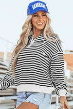 Load image into Gallery viewer, White Stripe Color Block Buttoned Crew Neck Oversized Sweatshirt - Fashion Queen -  5
