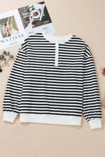 Load image into Gallery viewer, White Stripe Color Block Buttoned Crew Neck Oversized Sweatshirt - Fashion Queen -  6
